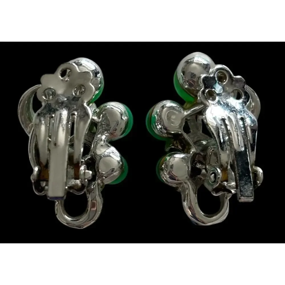 Faux jade earrings Clip On jeweled aurora borealis Rhinestone Vintage Jewelry